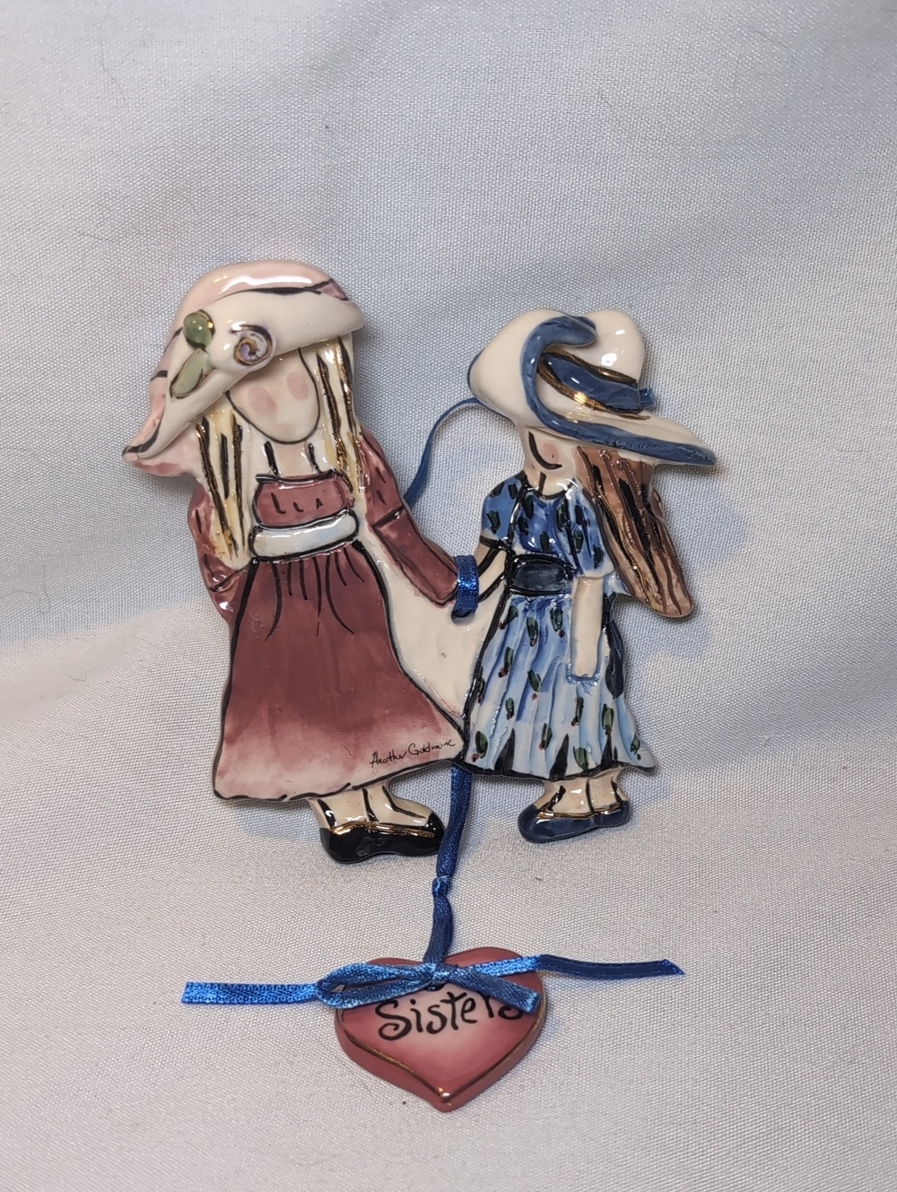 2002 Heather Goldminc Blue Sky Ceramic Sisters Wall Decor Plaque Ornament